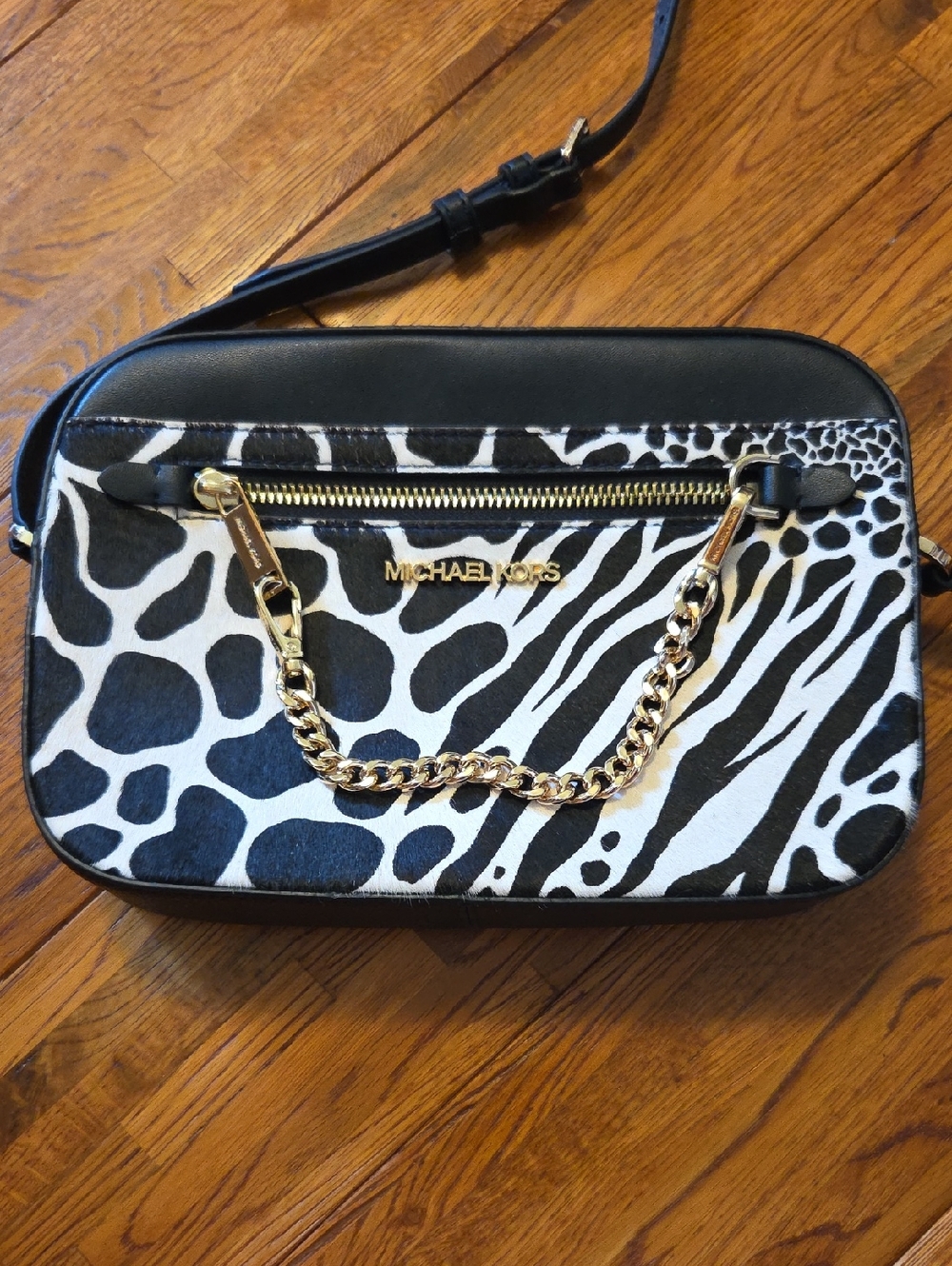 Michael Kors Black and White Animal Print Crossbody with Gold Chain